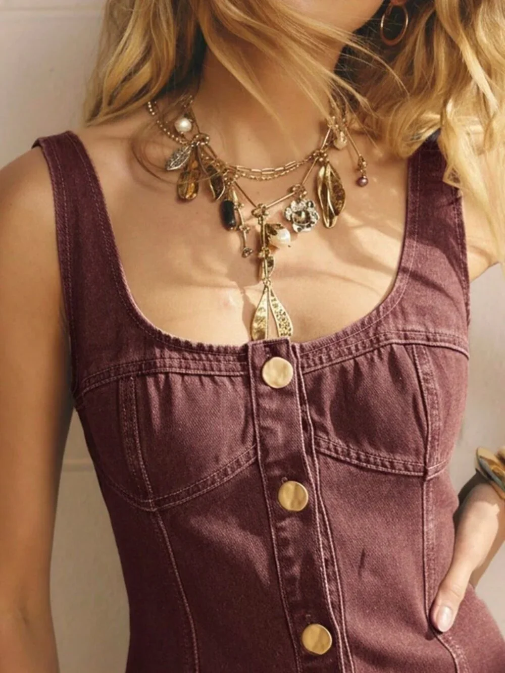 Burgundy Casual Women's Button Front Bodycon Square Neck Denim MiniDress - Picture 8 of 9